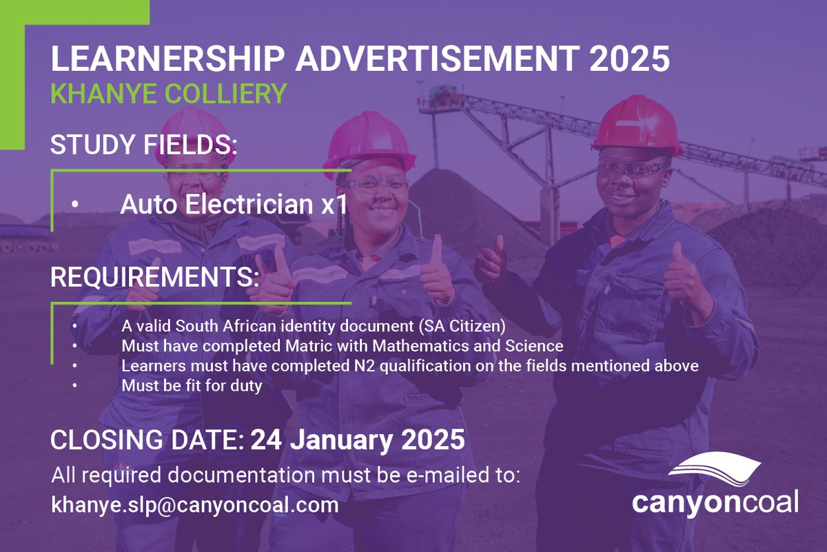 canyoncoal's tweet photo. Khanye Colliery learnership applications for 2025 are now open.
Download the application form and read more:
https://t.co/SYTtpLGVUG
Closing date: 24 January 2024 #learnership #khanye #canyoncoal #menar https://t.co/L0GanpwG8A