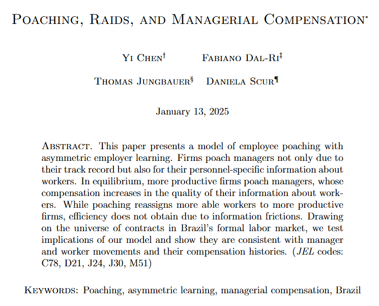 tjungbau's tweet photo. Check out "Poaching, Raids, and Managerial Compensation," joint work with Yi Chen, @fabianodalri and @danielascur. We introduce a model of managerial poaching in which firms poach managers not only for their skills but for personnel-specific information: https://t.co/Q1YLzQsGlA https://t.co/Hd27ITJLsf