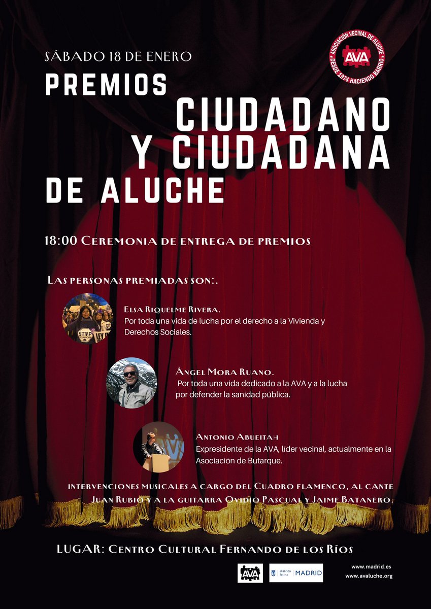 ¡La AVA está de celebración por su 50 aniversario! Sábado, 18 de enero de 2025 – Centro Cultural “Fernando de los Ríos”, 18:00 horas: Entrega de los Premios a la Ciudadanía, Aluche. Elsa Riquelme,  Ángel Mora  y  Antonio Abueitah. ¡No faltes!