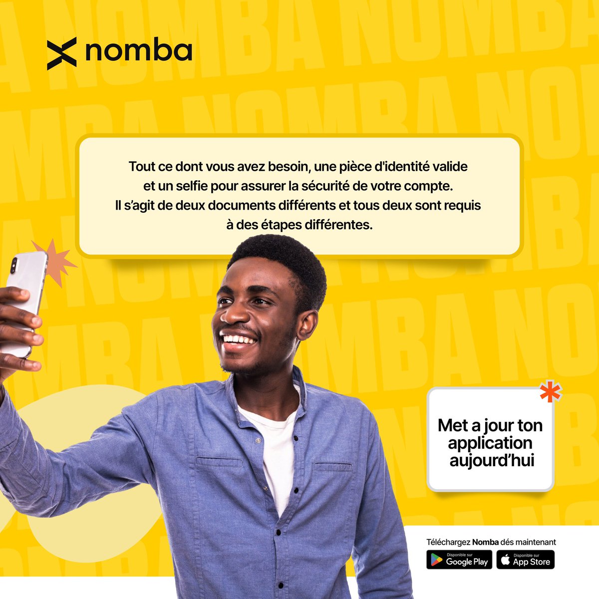 NombaRDC's tweet photo. Vérifiez votre KYC pour accéder à des fonctionnalités telles que les les transactions en USD et renforcer votre sécurité
Télécharger simplement une pièce d'identité valide et un selfie, rapide et facile
Mettez à jour l'application dès aujourd'hui https://t.co/I6xF7bohXE
