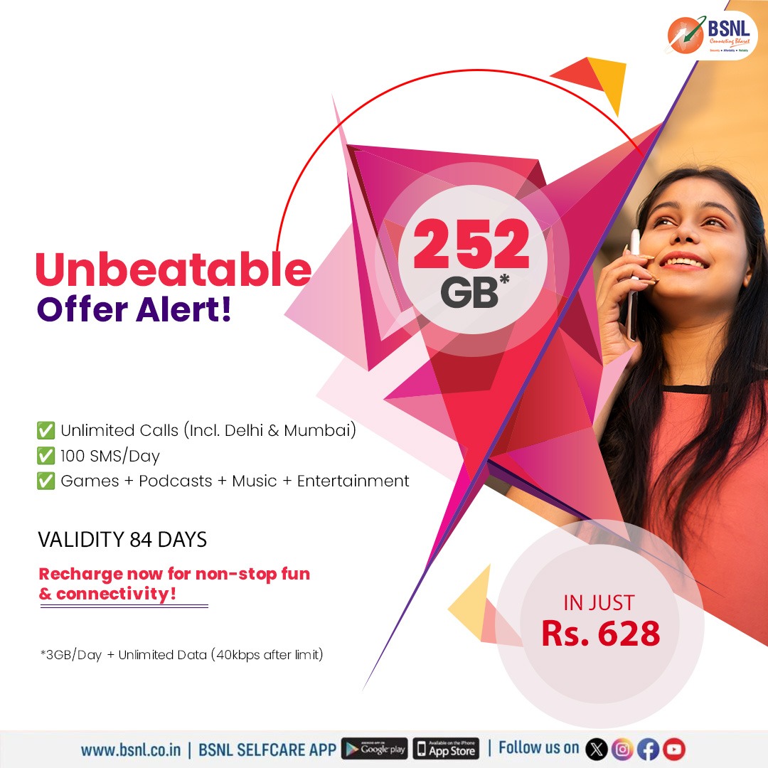 BSNL_KTK's tweet photo. Say hello to non-stop fun and seamless connectivity! With BSNL's unbeatable offer-all for just ₹628. 
Valid for 84 days, this plan is your gateway to endless entertainment.
Why wait? Recharge now and dive into unlimited possibilities!  
#BSNL #StayUnlimited #EntertainmentOnTheGo https://t.co/6fkFNcnY3u