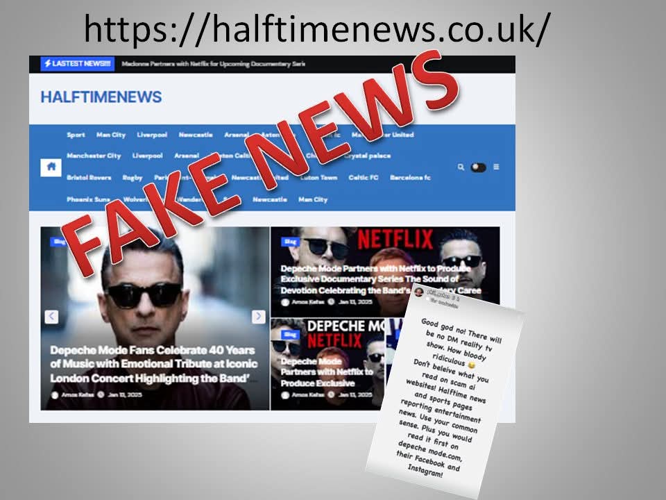 #depechemode 
#DM 
AVISO IMPORTANTE:
Hay una página que está dando "FAKE NEWS" sobre DEPECHE MODE, si veis alguna noticia de esta página "halftimenews.co.uk", que se están difundiendo mucho por todas las redes sociales, no le deis ninguna veracidad, son todo noticias falsas.