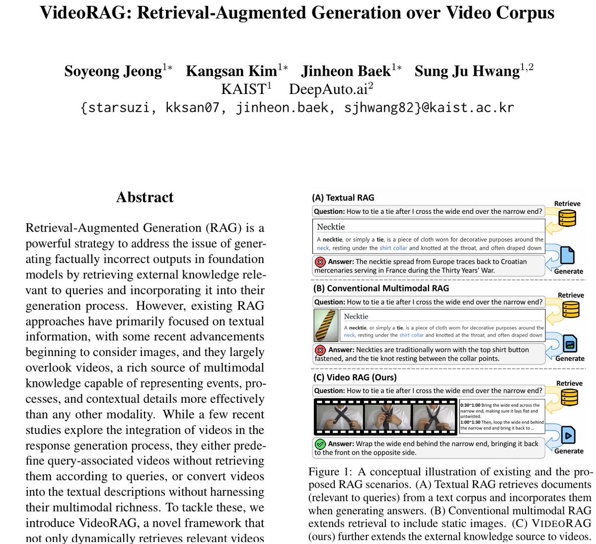 Jinheon Baek (@jinheonbaek) on Twitter photo Excited to introduce VideoRAG📽️, which extends the current landscape of RAG systems (that largely focus on text) by holistically leveraging the video corpus, utilizing both textual and visual features.
Paper: arxiv.org/abs/2501.05874
<a href="/SoyeongJeong97/">Soyeong Jeong</a> <a href="/kangsan_kim_/">Kangsan Kim</a> <a href="/SungJuHwang1/">Sung Ju Hwang</a> Excited to introduce VideoRAG📽️, which extends the current landscape of RAG systems (that largely focus on text) by holistically leveraging the video corpus, utilizing both textual and visual features.
Paper: arxiv.org/abs/2501.05874
<a href="/SoyeongJeong97/">Soyeong Jeong</a> <a href="/kangsan_kim_/">Kangsan Kim</a> <a href="/SungJuHwang1/">Sung Ju Hwang</a>
