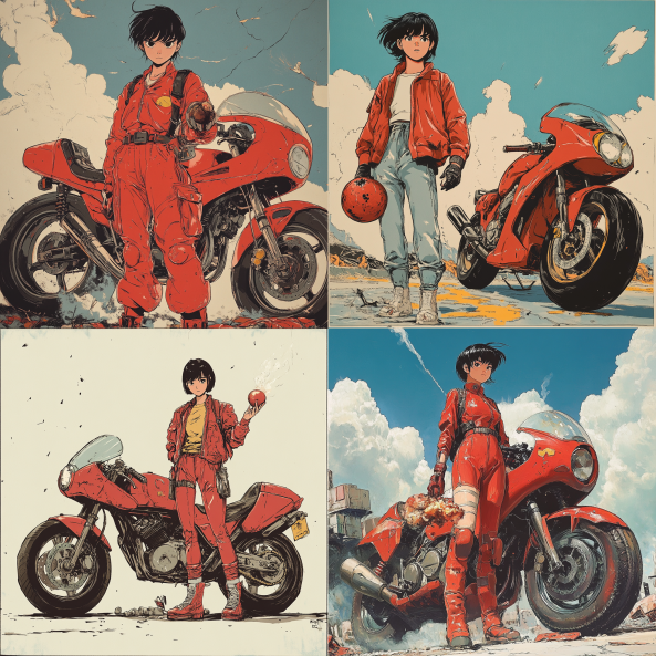 FluentPix's tweet photo. 1990s Japanese animation art style illustration of a female version of Shotaro Kaneda from the film Akira standing next to Keneda's motorcycle. Tossing a grenade in her hand - @ghosteroven (fast) https://t.co/VwaArNlpkL