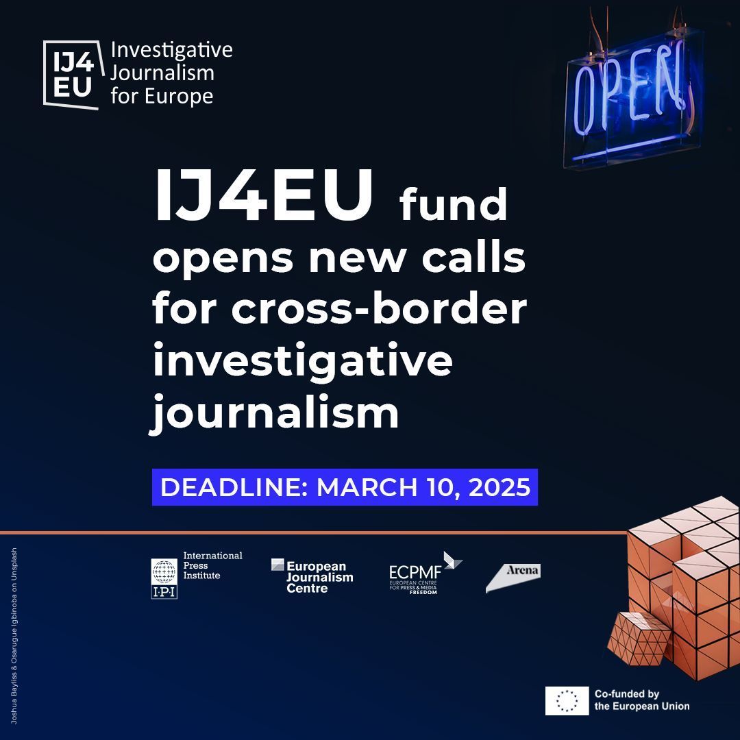 📢The latest #IJ4EU 2024/25 call for cross-border investigative projects IS NOW OPEN!
💶Grants of up to €50,000 for both newsrooms and freelancers
🗓️ Apply by March 10
👉 buff.ly/4fZa9qC
IPI with <a href="/ejcnet/">European Journalism Centre</a> <a href="/ECPMF/">European Centre for Press and Media Freedom</a> &amp; <a href="/journalismarena/">Arena for Journalism in Europe</a>
#creativeeurope
