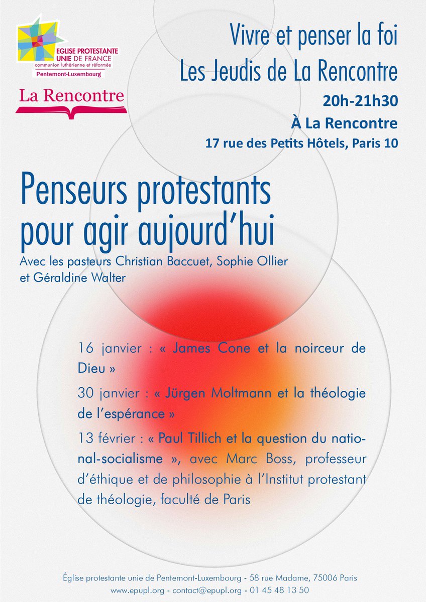BaccuetC's tweet image. À la découverte de la pensée de trois grands théologiens qui élargissent nos conceptions de Dieu et nos engagements.
Jeudi 16 janvier 20h, #EPUdF, 17 rue des Petits-Hôtels, Paris 10

16 janvier : « James Cone et la noirceur de Dieu », présenté par Christian Baccuet