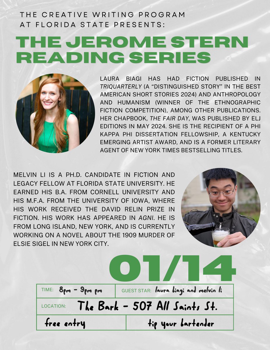 Our new semester of Jerome Stern readings kicks off this Tuesday 1/14 with Melvin Li and Laura Biagi!