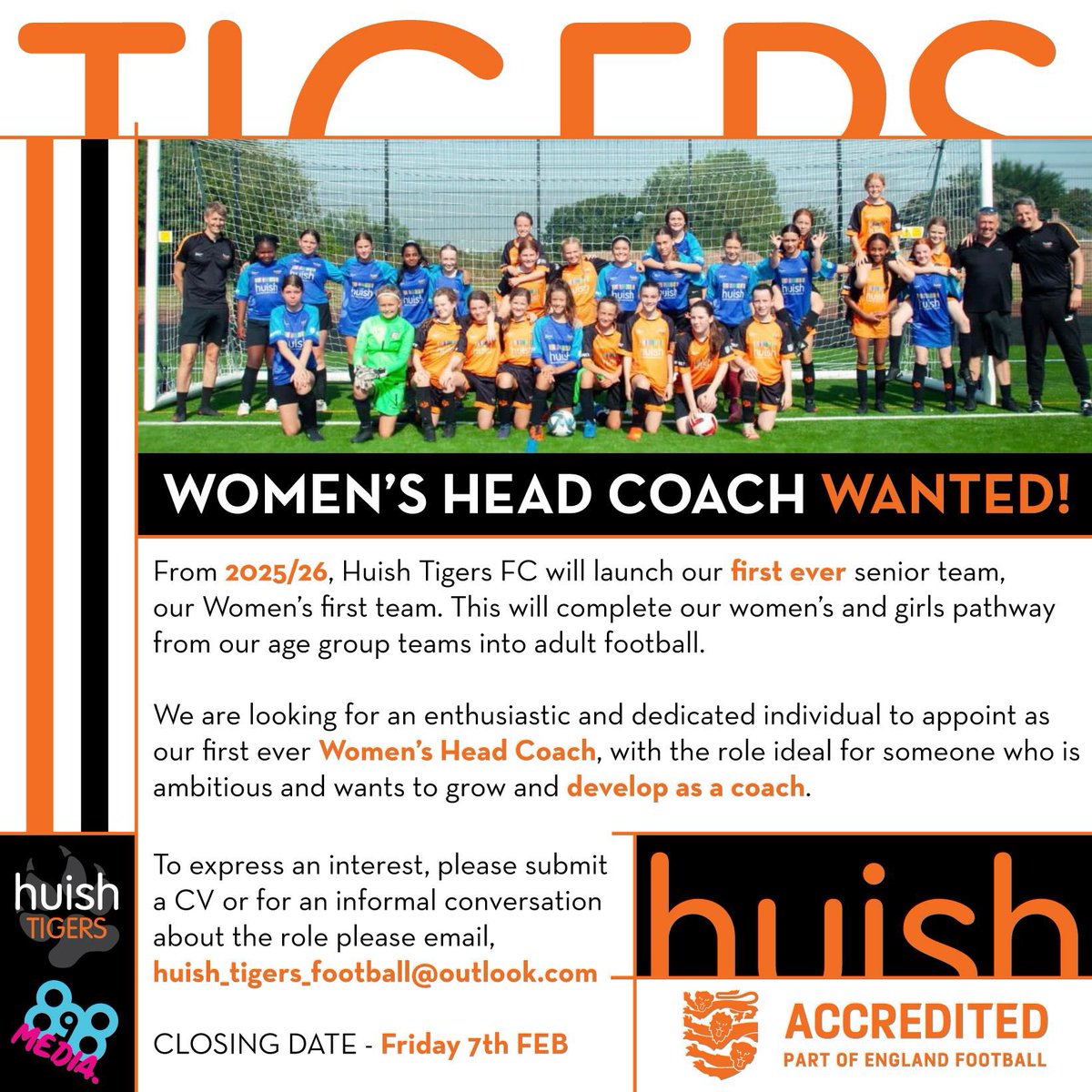 HuishTigersFC's tweet photo. ❗️| HUISH TIGERS WOMENS HEAD COACH

We are inviting interest to become our first ever women’s head coach at an exciting period of growth for the club. 

Role profile:
🔗 https://t.co/9euSzjGMDs

Please like and share and get in touch for more info 📲📧

#tigersfamily🐯⚽️🧡🖤 https://t.co/uZj2QSacCX
