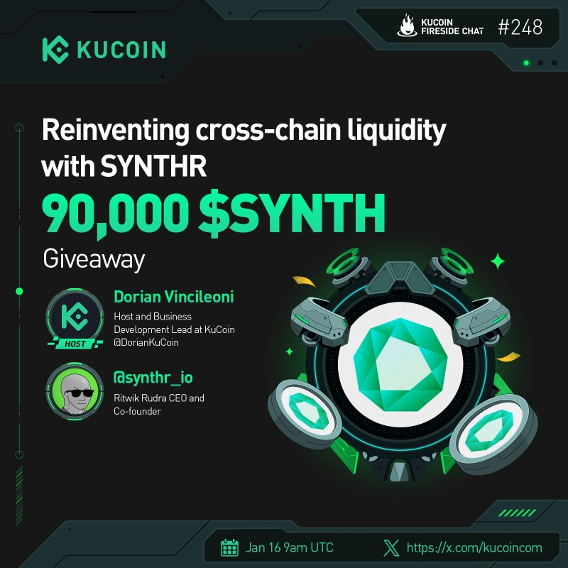kucoincom's tweet photo. 🔥 Up Next on #KuCoinFireSideChat—Reinventing Cross-Chain Liquidity with SYNTH!

🎁 90,000 $SYNTH (20 winners)

1. Follow @kucoincom &amp; @synthr_io
2. ❤️&amp; RT
3. Follow KuCoin on Instagram
4. Fill out Gleam form
5. Join the space: https://t.co/HxbSoDfzn6 

✅Set a reminder