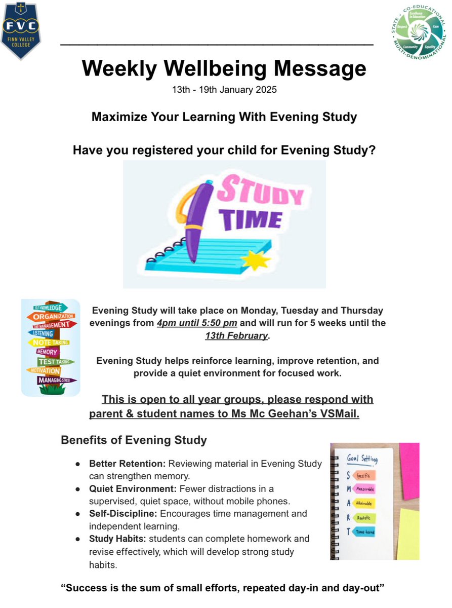 FinnValleyColl's tweet image. Maximise your learning! Our
#WeeklyWellbeingMessage explains the benefits of participating in Evening Study.

#ReadAllAboutIt 👇

#TimeManagement #SelfDiscipline
#WeAreDonegalETB