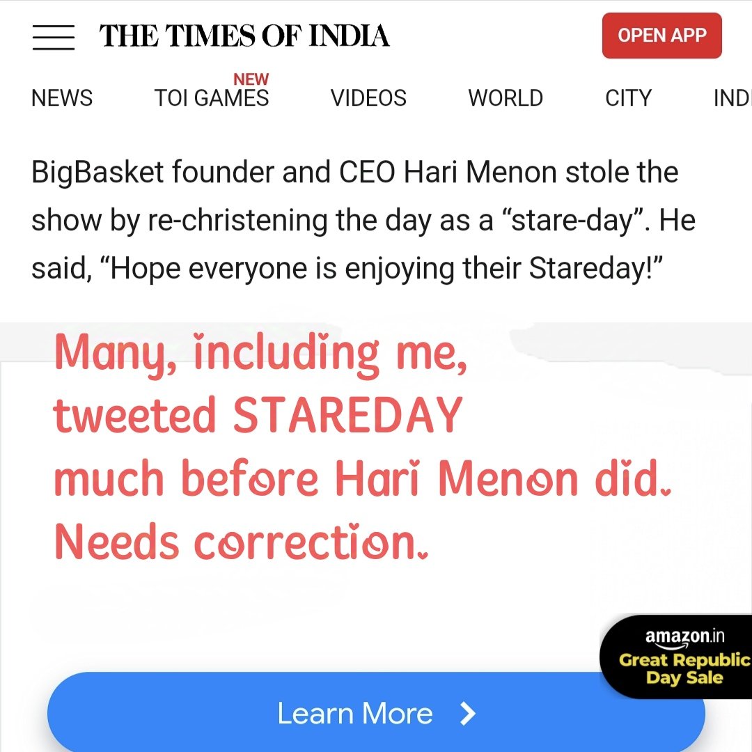anotherdeep's tweet photo. @supriya_speaks Welcome Supriya,
But there's an errata in the story you've published in @timesofindia.
@harimenon_bb was not the first to use the #StareDay tag. And so he can't be the one who rechristened Sunday as StareDay, as in your article.
My posts on #StareDay preceded his by a good day. https://t.co/57WW0yGYvX