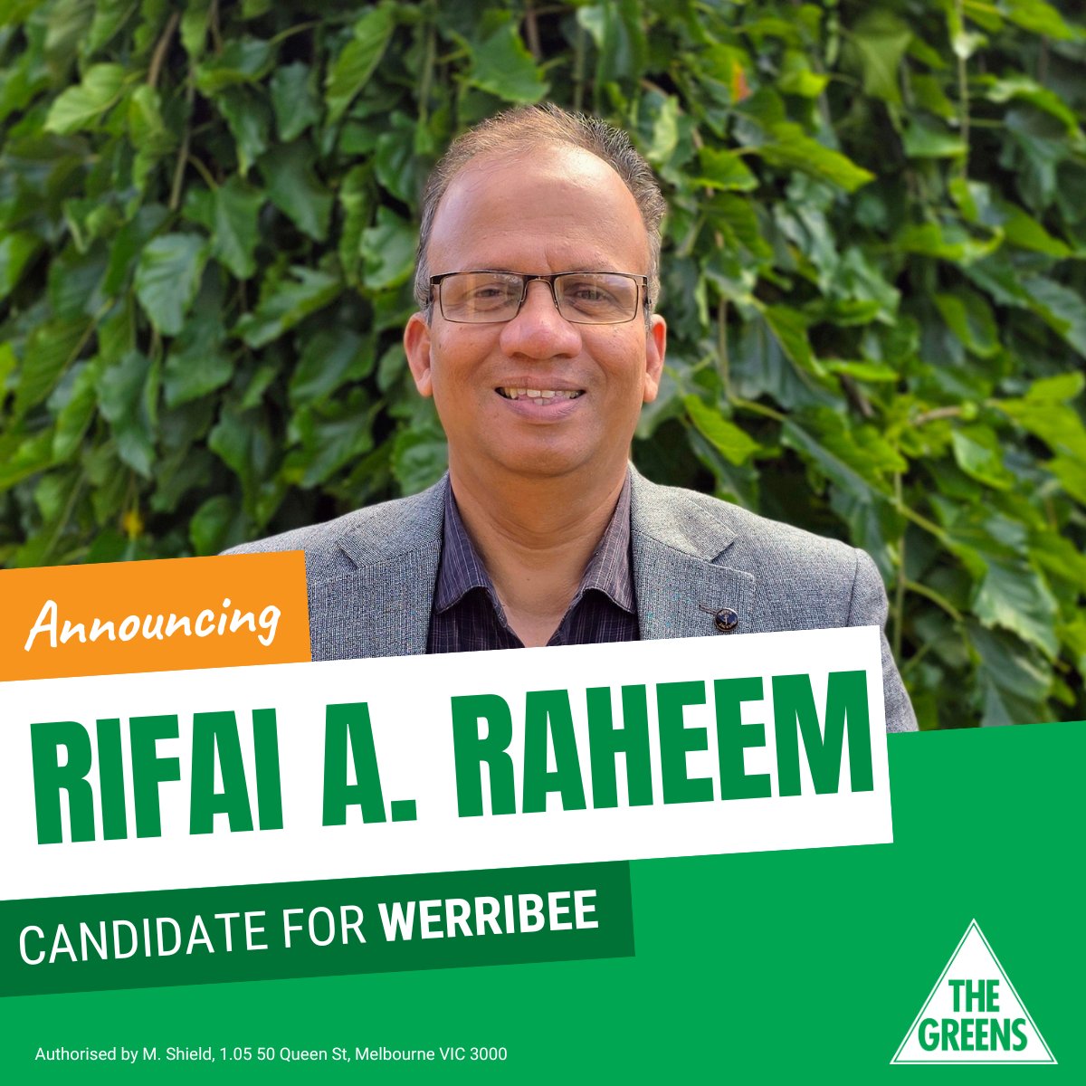We’re excited to announce Rifai A. Raheem as the Greens candidate for the Werribee by-election! 🎉

With over 15 years in community services, unions and community activism, Rifai will fight for 50c public transport fares, a rent cap and freeze, and stronger health funding 💚