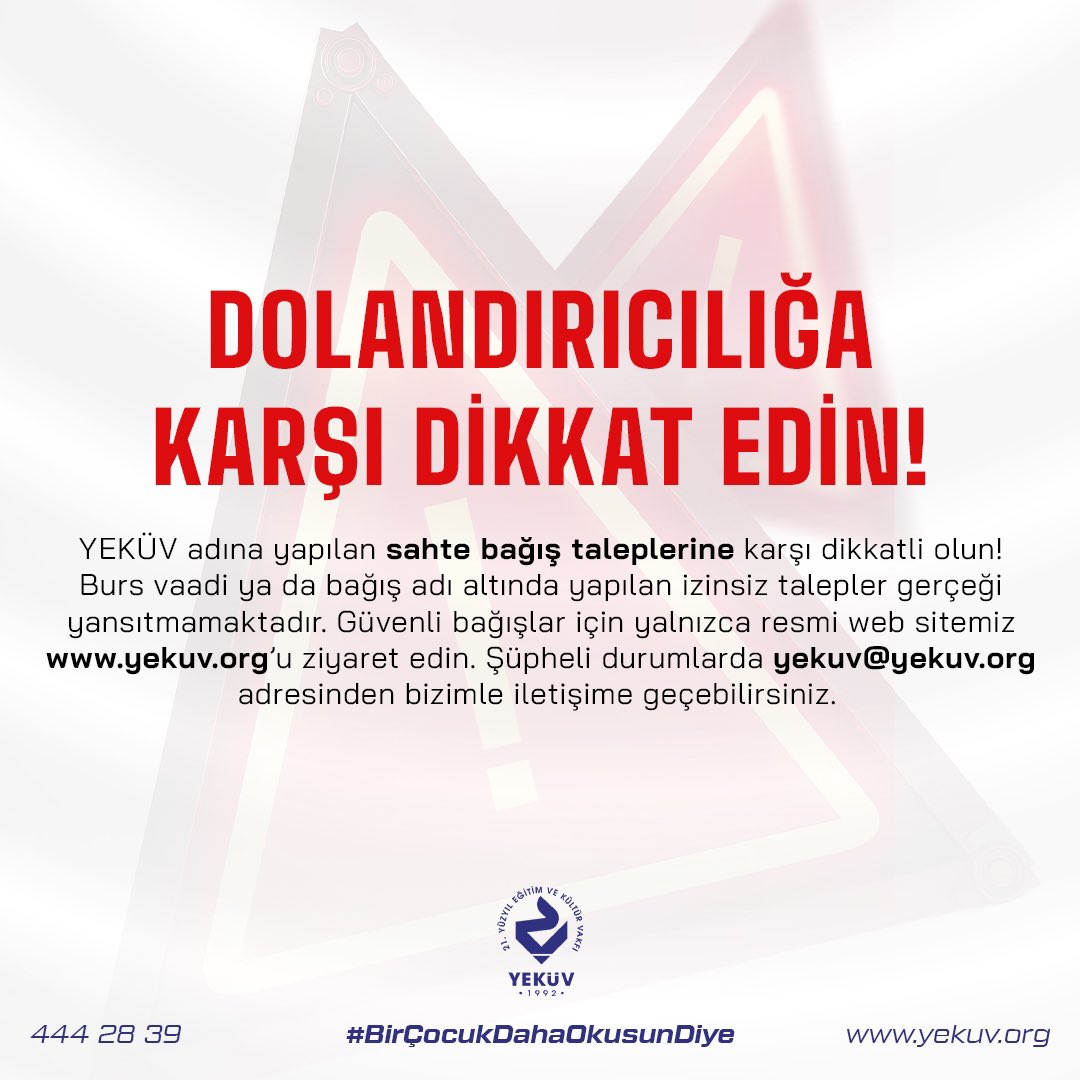 Değerli öğrenciler ve bağışçılarımız, Vakfımız adına yapılan sahte burs duyurularına karşı dikkatli olunuz. Lütfen kişisel bilgilerinizi paylaşmaktan kaçının. Güvenliğiniz bizim önceliğimizdir. Bilgi için resmi kanallarımızı takip edin. #BursDuyurusu #DolandırıcılıgaKarşıBilinçli