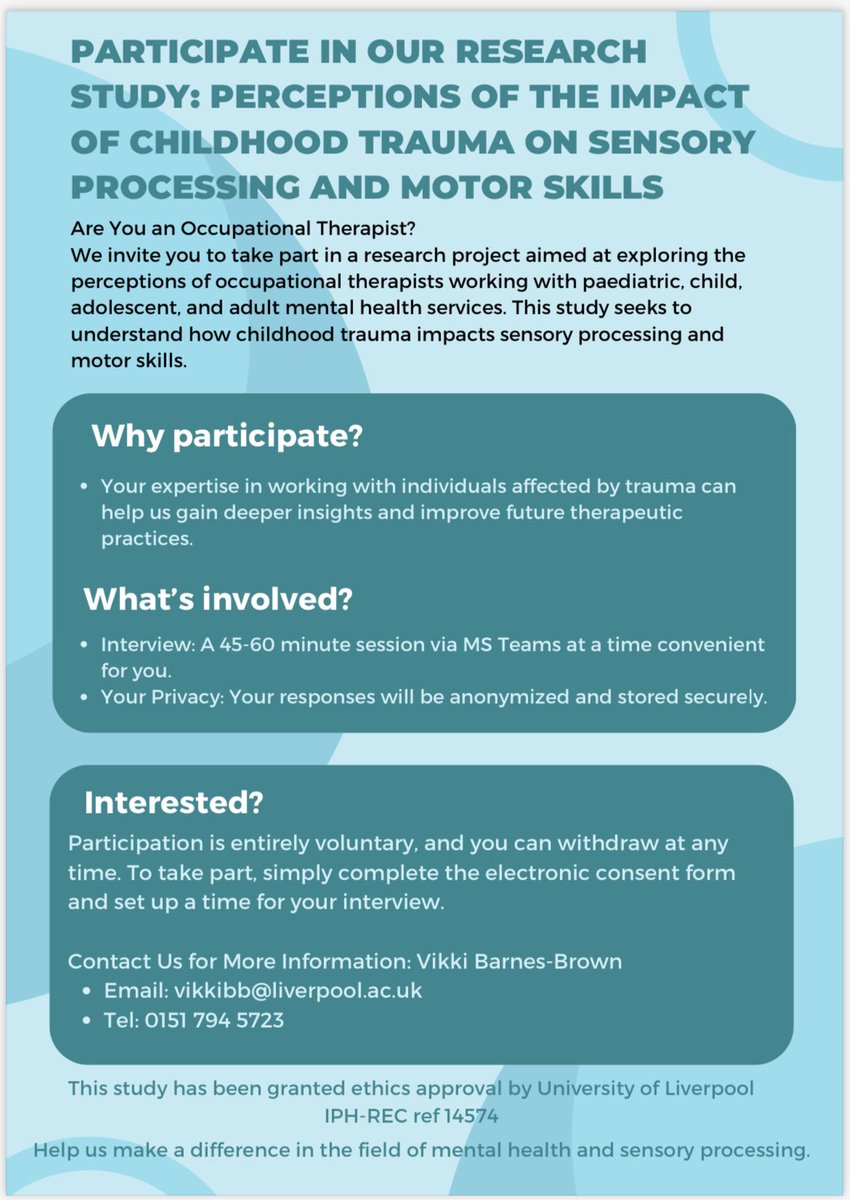CAMHS OTs we need you! If you think you have seen the connection between trauma, sensory processing and motor skills in practice please think about taking part. We’re also looking for one more OT working in adult mental health #trauma #sensoryprocessing