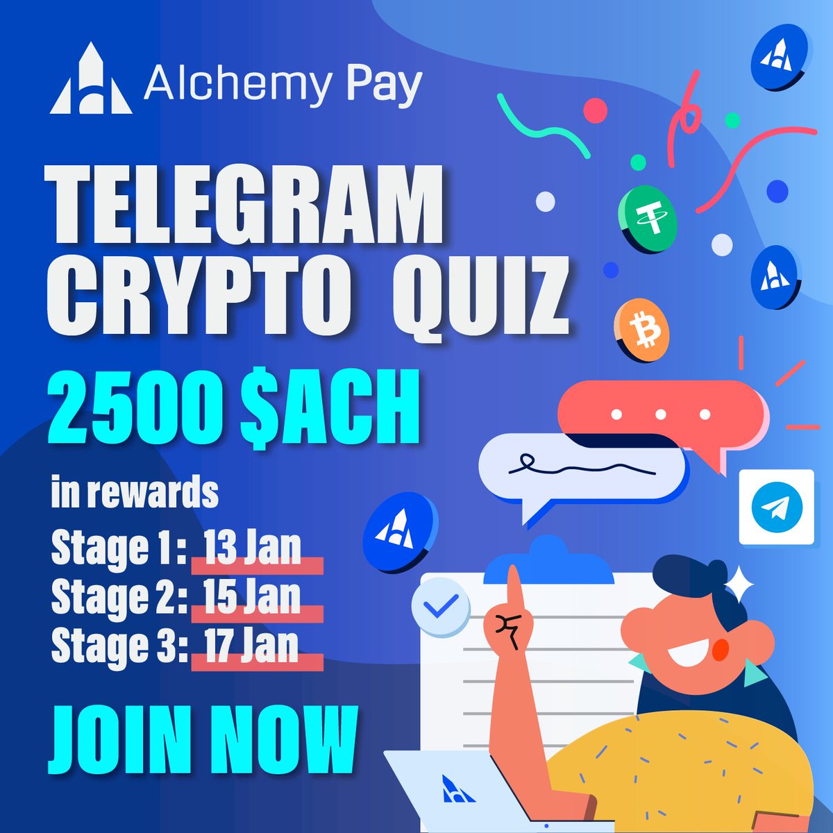 🚀Ready for a crypto challenge? 📝Join the #AlchemyPay Crypto Quiz to win 2500 $ACH! The quiz has 3 stages, with 5 questions each on Jan 13, 15,and 17. Accumulate the most points to claim the prize. Join Now!

TG: t.me/alchemy_offici…

#Quiz #Web3 #Crypto