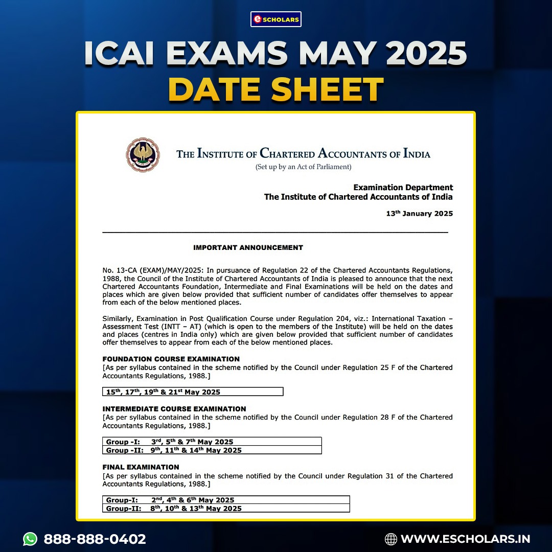 groomingedu's tweet photo. 📢 Breaking News! ICAI Exam Date Sheet for May 2025 Announced! 🗓️

The much-awaited date sheet for the ICAI May 2025 exams is officially here! 🎯 Gear up and start strategizing your preparation to ace your CA exams. 📝✨

#ICAI #CAExamsMay2025 #BreakingNews #ExamDateSheet https://t.co/tnfjEtl6D7