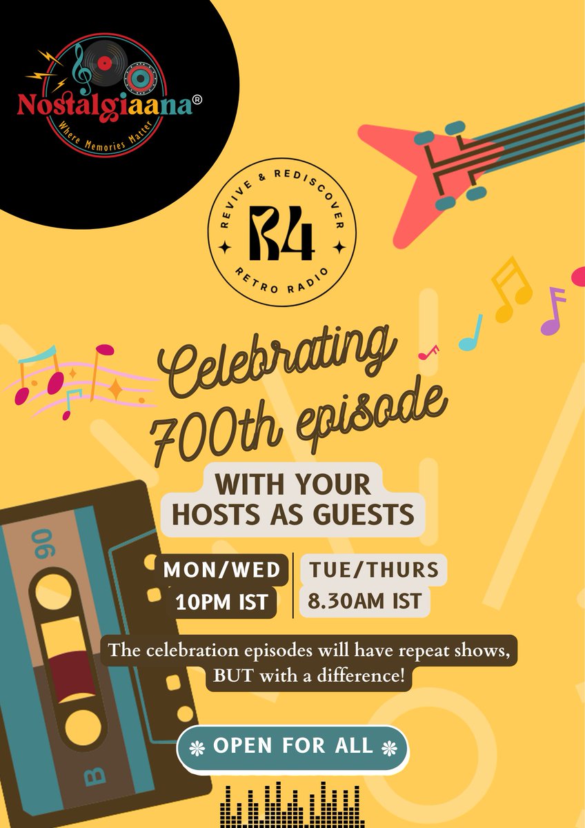 It's been a journey worth talking about. 4+ yrs, 1400 episodes, unlimited Nostalgia for all our members.
Join us for a special episode as we walk down the memory lane with beautiful songs.

Nostalgiaana airs on Zoom
Mon,Wed,Fri -10pm
Tue,Thur - 8.30am ( repeat of  previous day)