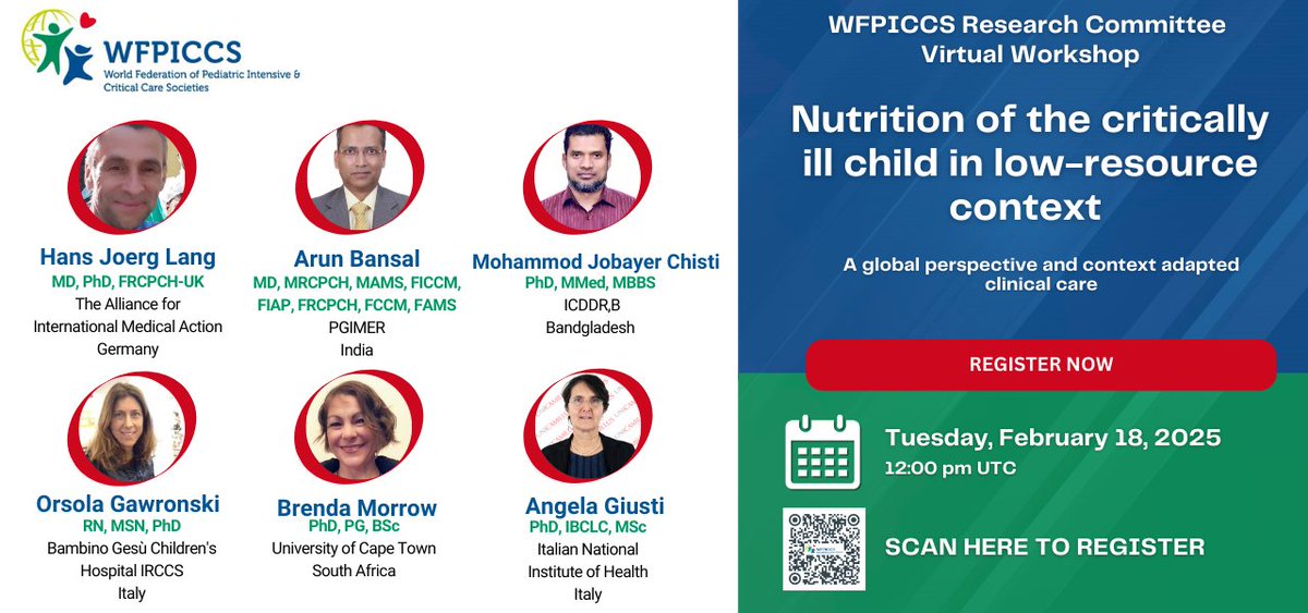 The WFPICCS Research Committee is excited to present our upcoming webinar on February 18, 2025, “Nutrition of the critically ill child in low-resource context”. 

🗓️Tuesday Feb 18, 2025 
📷12pm UTC 
📍Register now: us02web.zoom.us/meeting/regist…

#WFPICCS #PedsICU #Workshop #Webinar