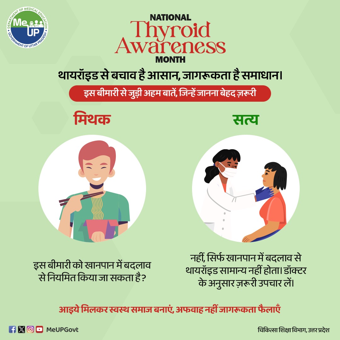 MeUPGovt's tweet photo. #ThyroidAwarenessMonth
क्या आप जानते हैं? थायराइड ऐसी बीमारी है जिसे साइलेंट किलर भी कहते हैं। इसका असर सांस, ह्रदय गति, पाचन तंत्र, आदि पर पड़ता है। जानिए इस बीमारी से जुड़े कुछ मिथक व उनकी सच्चाई।
#MeUP #MedicalEducation #Facts #thyroid #thyroidhealing #thyroidism #myth https://t.co/AQ9KG8B6zm