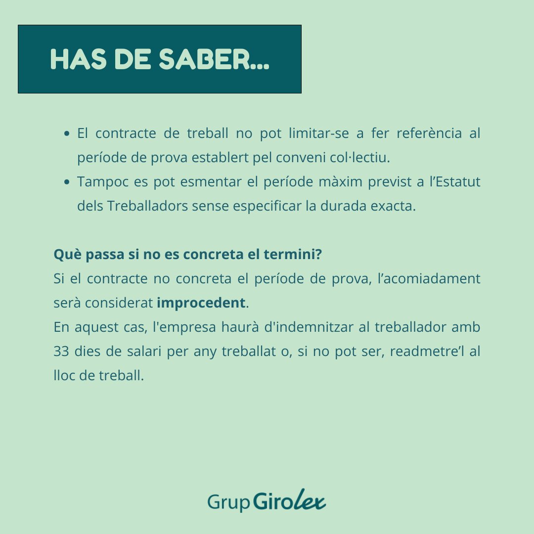 Girolex's tweet photo. Si el teu contracte no especifica clarament la durada del període de prova, l’acomiadament per no superar-lo serà improcedent. L'empresa haurà d'indemnitzar-te o readmetre't.

Assegura't que el teu contracte estigui ben redactat! 💼

#DretLaboral #Acomiadament #Girolex https://t.co/gFe7hwGlGT