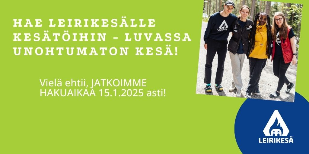 Missasitko kesätyöntekijähakumme?🤔  Ei hätää ☀️, päätimme jatkaa hakua keskiviikkoon 15.1.2025, vielä ehtii siis hakea kesätöihin kesän 2025 leireillemme. Noin 200 paikkaa jaossa!🏕💯
HAE tästä ➡️:leiri.fi/tietoa-meista/…

#kesätyö #töitänuorille #rekry