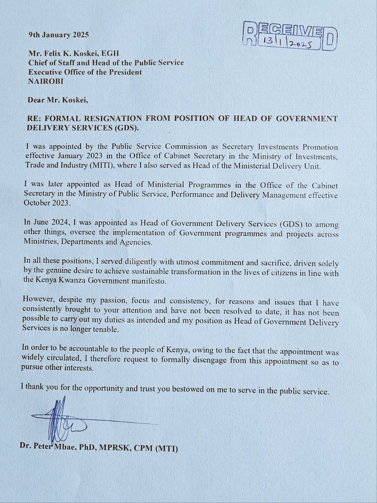 kevo_atandi's tweet image. Update:
The Kenya Government Head of Government Delivery Services Dr. Peter Mbae has resigned from his post. Dr Mbae who was appointed in June last year by the Public Service Commission tendered his resignation this morning.
Nairobi CBD Maina Njenga Justin Muturi