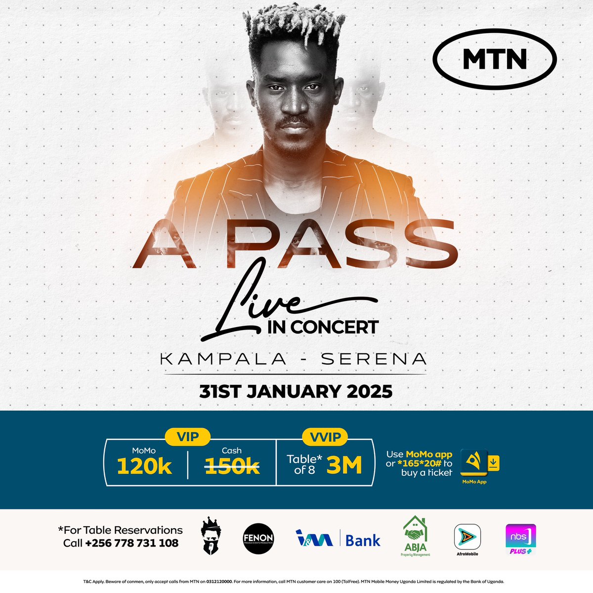 A Pass Live in concert is Official. 
The only place to be on 31st Of January 2025 is Kampala Serena for the biggest concert in Uganda 🇺🇬 Grab your discounted ticket 🎫 on Mtn MOMO or Use the link in my bio ✅  You can also reserve your Vvip table by calling +256 778 731 108 ✅