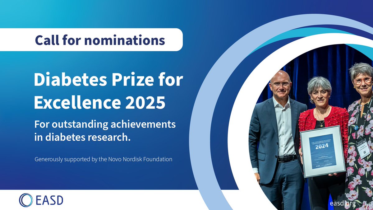 <a href="/EASDnews/">EASD</a> <a href="/novonordiskfond/">Novo Nordisk Foundation</a> Diabetes Prize for Excellence 2025: Nominations now open!
Honouring exceptional #diabetes research. Nominate a colleague today!
📅Deadline: 15 Feb 2025
💰Includes funding &amp; lecture at #EASD2025
🌐Open to EASD members
👉Details: easd.org/prizes/easd-no…