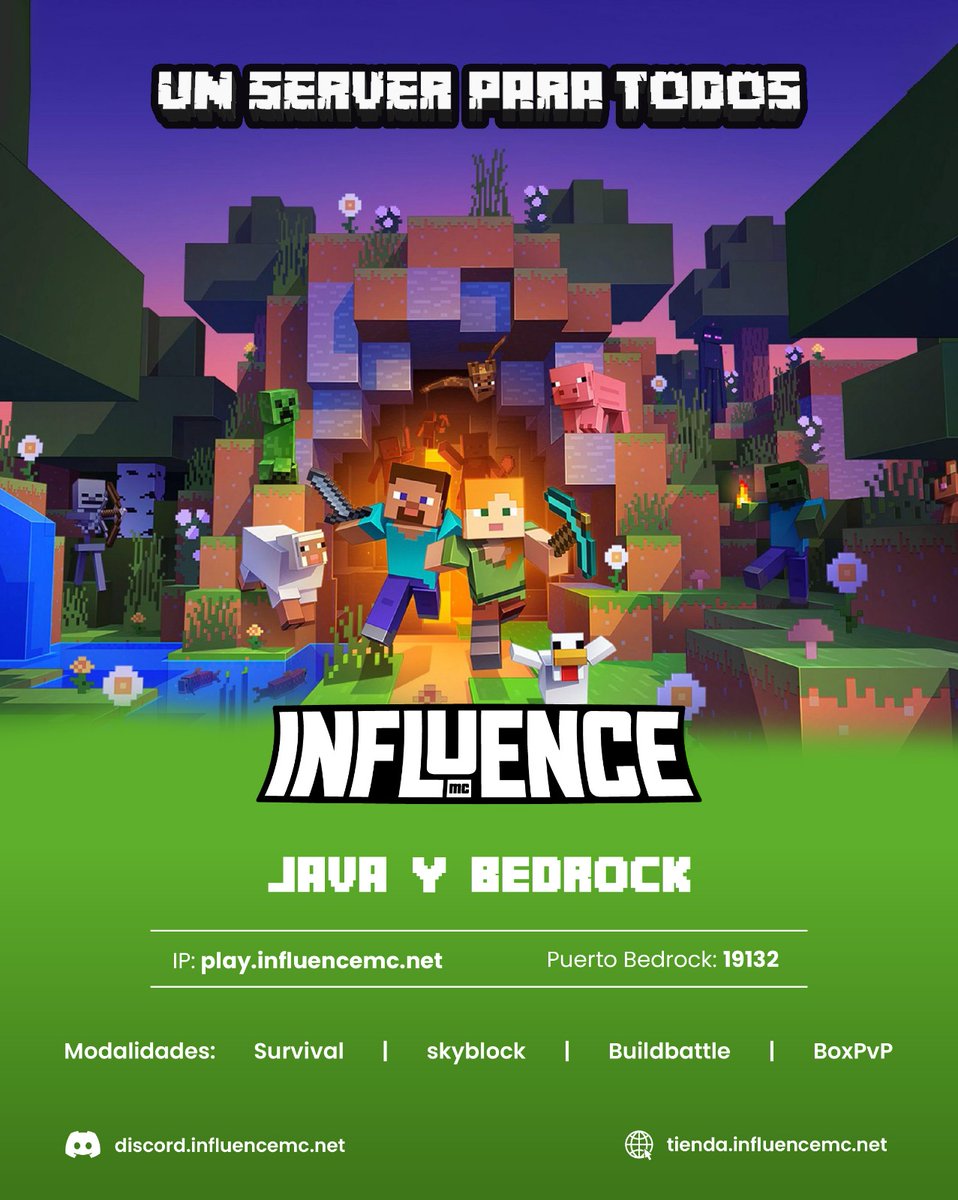 Influence_Mc's tweet photo. Tenemos una Network en desarrollo con Survival/Skyblock/Buildbattle  próximamente un Gens/BoxPvP/Survival Custom https://t.co/BVWaxksF94