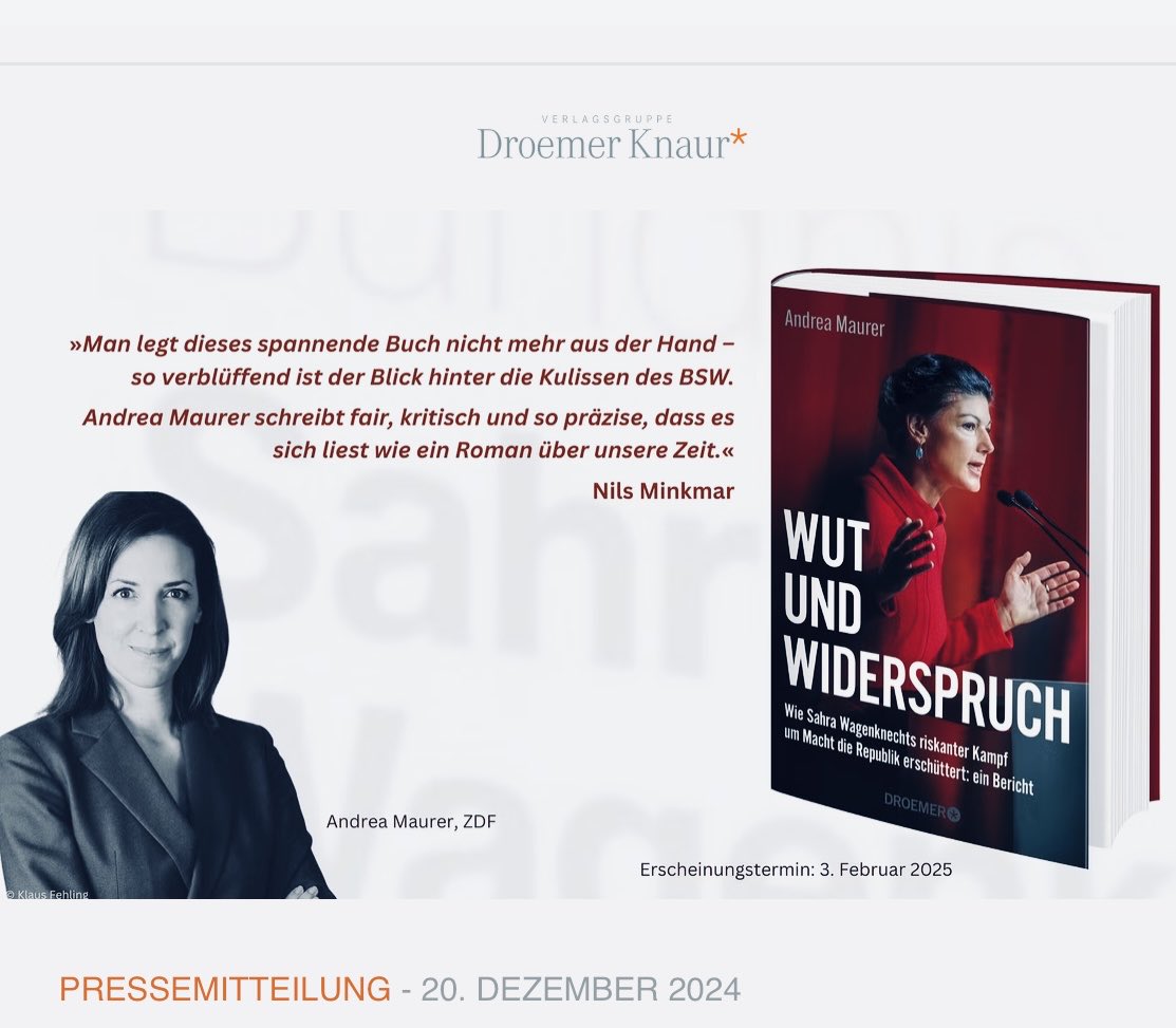 Andrea Maurer (@an_maurer) on Twitter photo „Wut und Widerspruch“, mein Buch über Sahra #Wagenknecht und das #BSW, erscheint am 3. Februar 2025 bei <a href="/KnaurVerlag/">Droemer Knaur Verlag</a>. „Wut und Widerspruch“, mein Buch über Sahra #Wagenknecht und das #BSW, erscheint am 3. Februar 2025 bei <a href="/KnaurVerlag/">Droemer Knaur Verlag</a>.