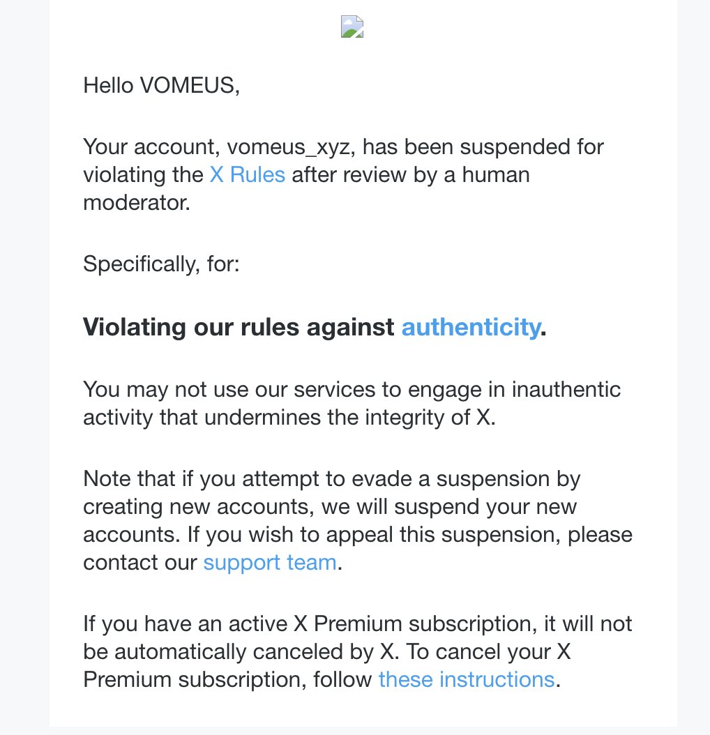 semona0x's tweet photo. Dear @Support @premium @X,

Our official Twitter account @vomeus_xyz has been unjustly suspended today, citing a violation of the “authenticity” rule.

We believe this may have been triggered by the overwhelming traffic to our Early Vomers Pass Mint campaign tweet. The high volume of likes and retweets from our real community members might have been mistaken for bot activity. However, we assure you that every single engagement came from our passionate and authentic community members.

@vomeus_xyz is part of the @movementlabsxyz  ecosystem, one of the strongest and most engaged communities in the crypto space, with over 850K Twitter followers and 830K real members on Discord. As a new project built on the Movement ecosystem, Vomeus has quickly gained tremendous support, boasting over 21K active members on Discord and 13K active members on Telegram - they are also real and loyal users of @X.

"For the community" has always been the guiding principle of Movement and all its ecosystem projects. 
But the support from our real community members should never be a reason for account suspension.

We kindly ask for your help in reinstating our official account so we can continue engaging with our community in a positive and impactful way.

‼️To all loyal Movers and Vomers: now is the time we need your support more than ever‼️

Would be much appreciated if yall can like, quote, and tag @Support @premium to help us get our account back. 

Together, let’s show the entire space the strength and unity of the Movement community. Huge thanks to yall for standing with us!

Sincerely,
The Vomeus Team

#StandWithVomeus