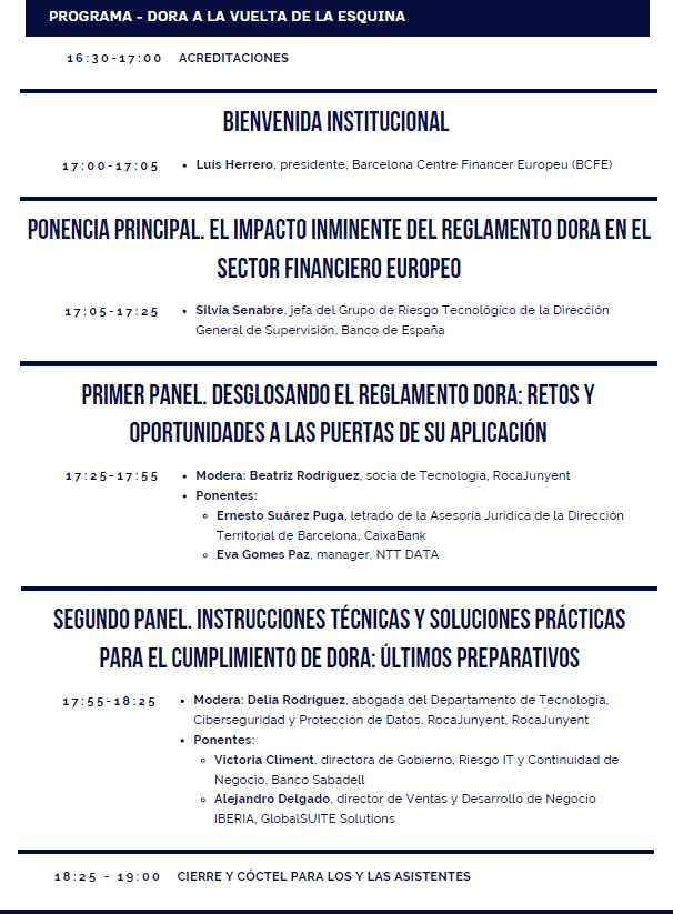 BCFE - Barcelona Centre Financer Europeu (@bcn_ctr_fin_eur) on Twitter photo 📢 ÚLTIMAS HORAS | #DORA a la vuelta de la esquina
⚠️ ¡PROGRAMA ACTUALIZADO!
📅15.01 - Bolsa Barcelona
▶️ Programa: barcelonacentrefinancer.org/wp-content/upl…
▶️ Registro: docs.google.com/forms/d/e/1FAI…
<a href="/bcn_ctr_fin_eur/">BCFE - Barcelona Centre Financer Europeu</a> <a href="/Roca_Junyent/">RocaJunyent</a> <a href="/BancoDeEspana/">Banco de España</a> <a href="/caixabank/">CaixaBank</a> <a href="/NTTDataSpain/">NTT DATA España</a> <a href="/global_suite/">GlobalSuite Solutions</a> <a href="/BancoSabadell/">Banco Sabadell</a> 📢 ÚLTIMAS HORAS | #DORA a la vuelta de la esquina
⚠️ ¡PROGRAMA ACTUALIZADO!
📅15.01 - Bolsa Barcelona
▶️ Programa: barcelonacentrefinancer.org/wp-content/upl…
▶️ Registro: docs.google.com/forms/d/e/1FAI…
<a href="/bcn_ctr_fin_eur/">BCFE - Barcelona Centre Financer Europeu</a> <a href="/Roca_Junyent/">RocaJunyent</a> <a href="/BancoDeEspana/">Banco de España</a> <a href="/caixabank/">CaixaBank</a> <a href="/NTTDataSpain/">NTT DATA España</a> <a href="/global_suite/">GlobalSuite Solutions</a> <a href="/BancoSabadell/">Banco Sabadell</a>