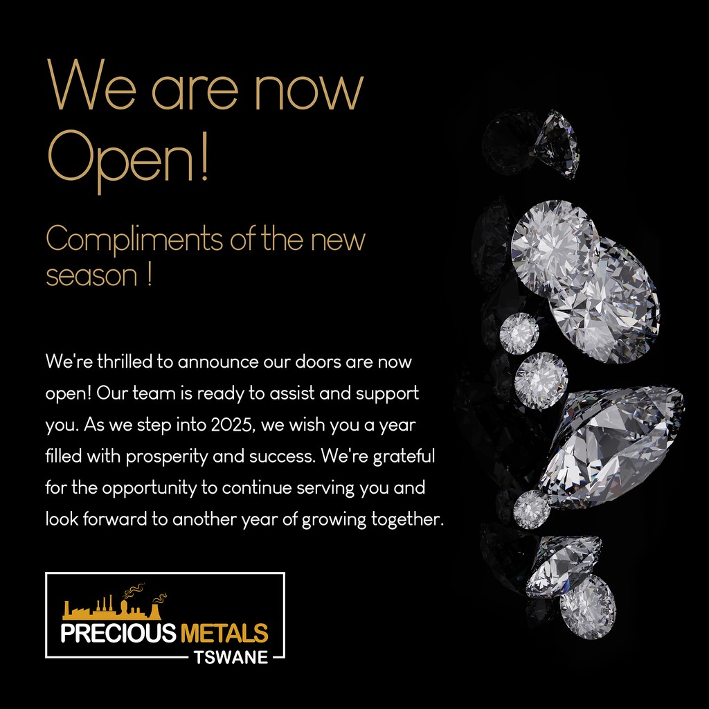 PMTswane's tweet photo. Important Update: We are now Open! 🎉✨⁠

The jewelry department will be Open from the 16th of January 2025.
⁠
📧 Info@preciousmetalstswane.co.za | 🌐 https://t.co/meMDyae5GJ⁠
#Diamonds #LabDiamonds #PreciousMetals #PMT #Jewellery  #2025 https://t.co/APCpHR5N1A
