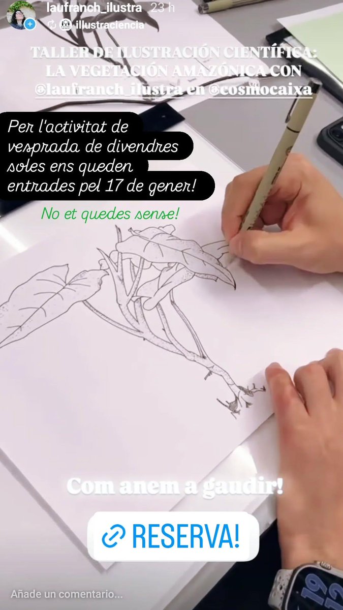 Sols queda una entrada 🎟️ per als tallers de divendres! Aquest divendres 17 de 17.30-20h podràs provar a ser il·lustradorx científicx amb taules de llum, rotuladores, plantes en viu... 
<a href="/CosmoCaixa/">Museo de la Ciencia CosmoCaixa</a>
<a href="/illustraciencia/">ILLUSTRACIENCIA</a>

instagram.com/stories/laufra…