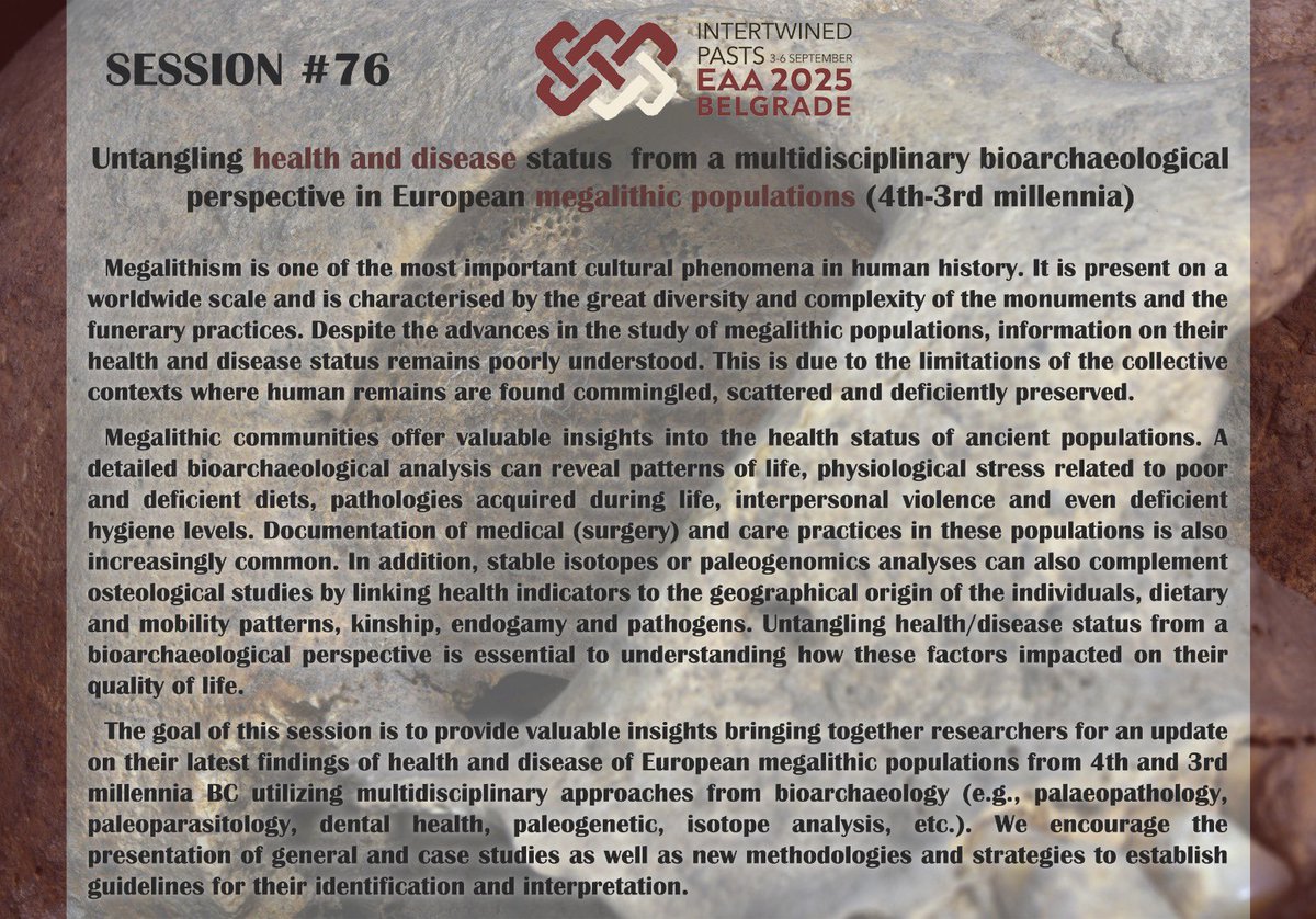 Sonia Díaz-Navarro (@soniadiaznv) on Twitter photo 🚨CALL FOR PAPERS EAA
Session #76 'Untangling health and disease status from a multidisciplinary
bioarchaeological perspective in European megalithic populations (4th-3rd millennia)’
📩Submit abstracts: e-a-a.org/EAA2025 before 6 February, 2025
#EAA2025 <a href="/archaeologyEAA/">European Association of Archaeologists</a> 🚨CALL FOR PAPERS EAA
Session #76 'Untangling health and disease status from a multidisciplinary
bioarchaeological perspective in European megalithic populations (4th-3rd millennia)’
📩Submit abstracts: e-a-a.org/EAA2025 before 6 February, 2025
#EAA2025 <a href="/archaeologyEAA/">European Association of Archaeologists</a>
