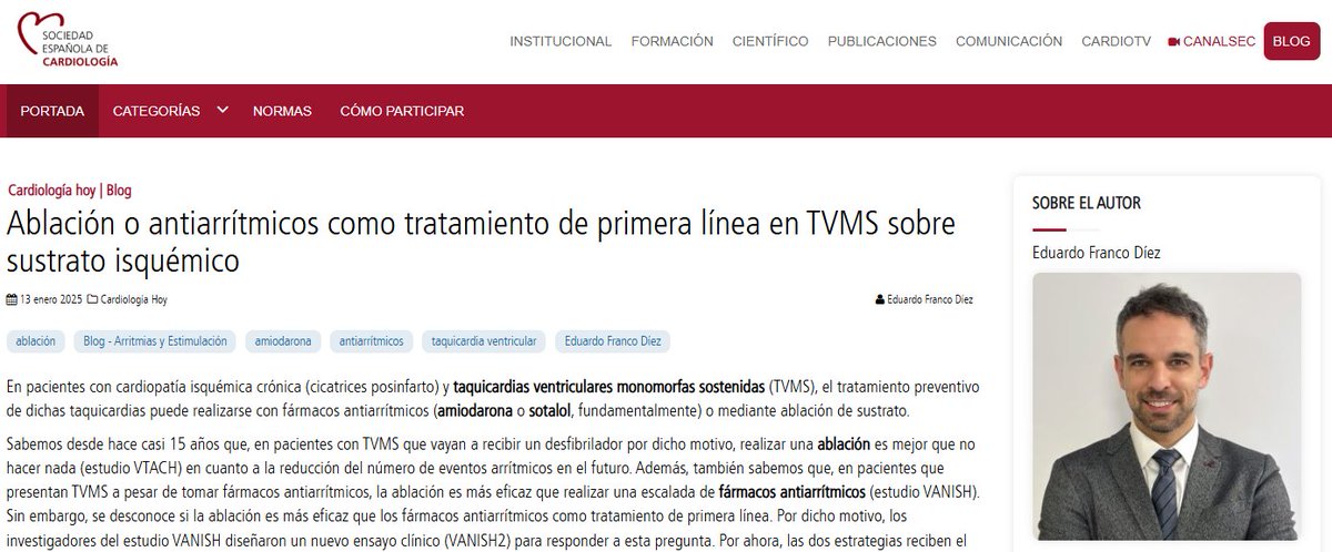 .<a href="/EduFrancoDiez/">Eduardo Franco Díez</a>: “En pacientes con IAM previo y TVMS, la ablación como tratamiento de 1ra línea reduce la aparición de arritmias ventriculares en el seguimiento respecto al empleo de fármacos antiarrítmicos". #BlogSEC <a href="/JovenesSec/">JóvenesSEC</a> ow.ly/9lEO50UF6AT