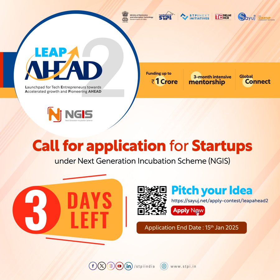 _DigitalIndia's tweet image. Calling all Tech Entrepreneurs and Startups for Leap Ahead 2nd Edition!
 
📥 Apply now: sayuj.net/apply-contest/…
📅 Last date: January 15, 2025

#LeapAhead 🚀 #StartupChallenge 🌟 #TechStartups 🔥 #DigitalIndia @stpiindia