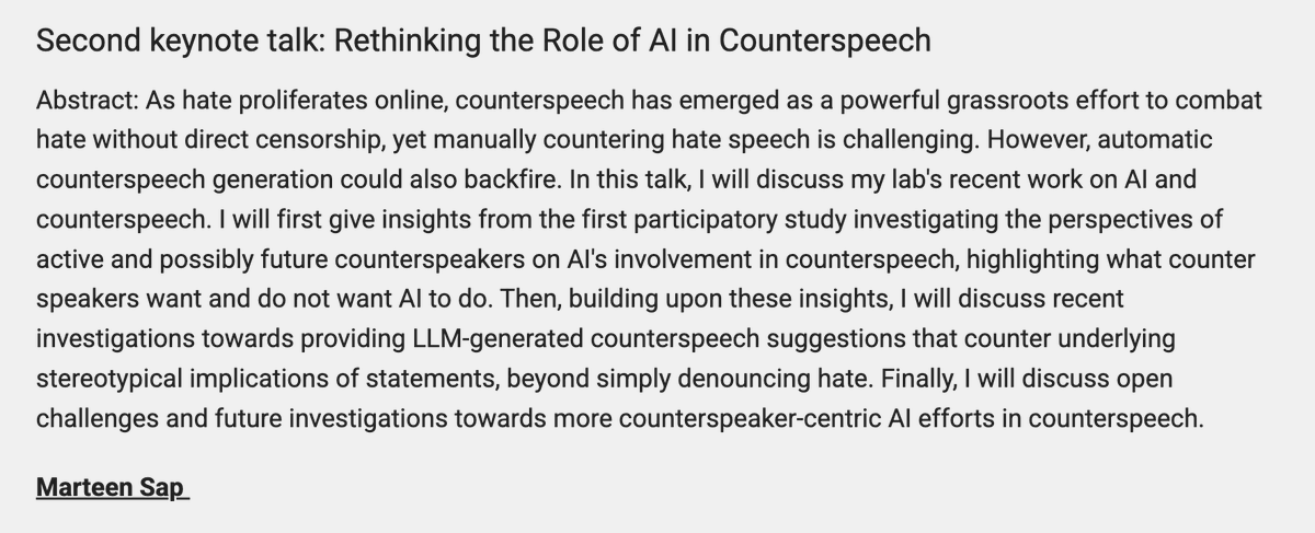 LanD (@land_fbk) on Twitter photo The second invited speaker at the Multilingual Counterspeech Generation Workshop is <a href="/MaartenSap/">Maarten Sap (he/him)</a> with a talk titled
"Rethinking the Role of AI in Counterspeech"
#COLING2025
WS Link: sites.google.com/view/multilang… The second invited speaker at the Multilingual Counterspeech Generation Workshop is <a href="/MaartenSap/">Maarten Sap (he/him)</a> with a talk titled
"Rethinking the Role of AI in Counterspeech"
#COLING2025
WS Link: sites.google.com/view/multilang…