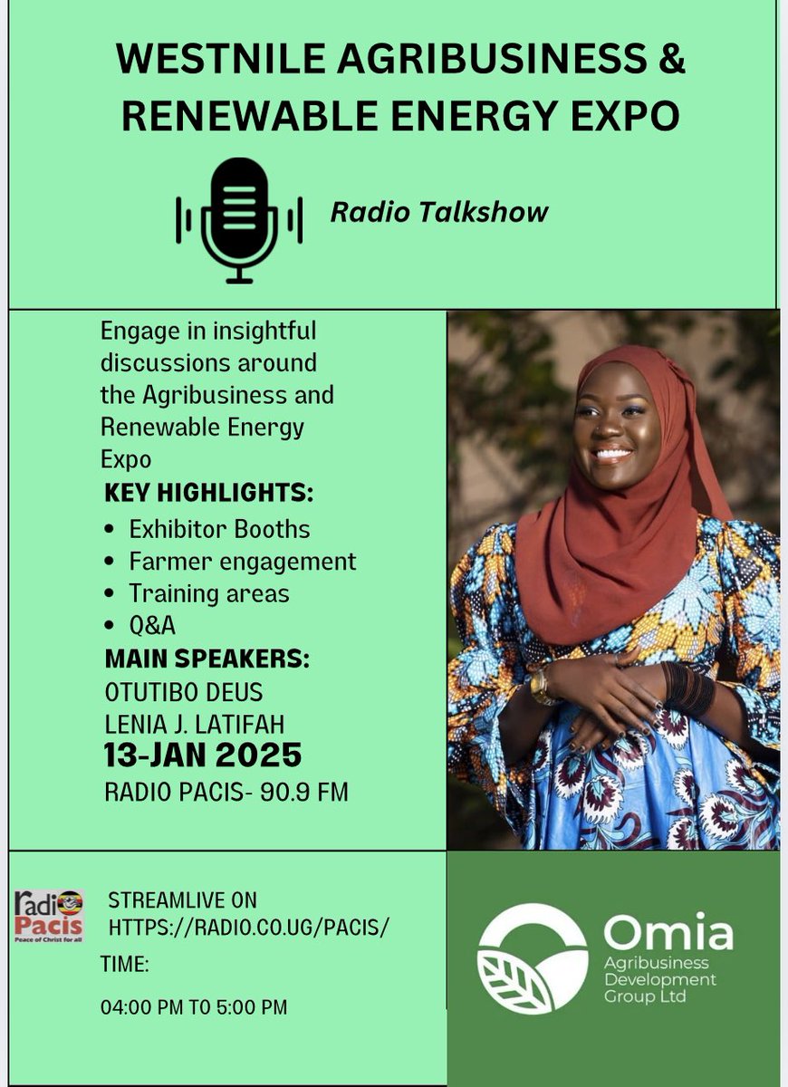 La-Tiffah (@juditheartha) on Twitter photo I will be on radio today
Talking the <a href="/OmiaLtd/">Omia Agribusiness</a> Agribusiness and Renewable Energy Expo
Listen in
4:00pm to 5:00pm I will be on radio today
Talking the <a href="/OmiaLtd/">Omia Agribusiness</a> Agribusiness and Renewable Energy Expo
Listen in
4:00pm to 5:00pm