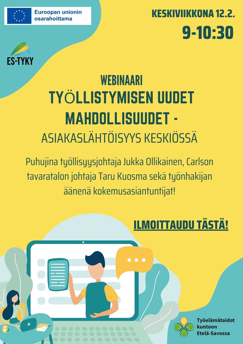 Tervetuloa kuulemaan työllisyyspalveluiden muutoksesta ja mahdollisuuksista asiakasnäkökulman kärjellä!

Puhumassa työllisyysjohtaja Jukka Ollikainen, Carlson tavaratalon johtaja Taru Kuosma sekä työnhakijan äänenä kokemusasiantuntijat.

Ilmoittautuminen: link.webropolsurveys.com/EP/DE199D7E58B…