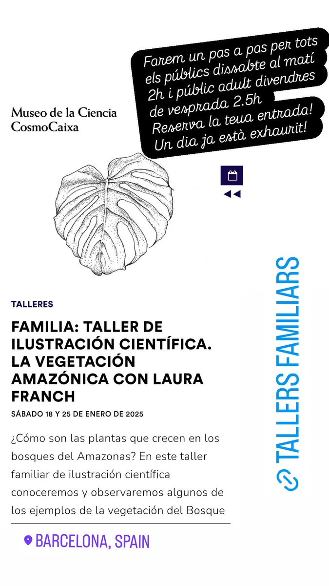 Queden algunes places 🎟️ per als tallers dels dissabtes al matí: 18 i 25 de gener (ja està ací) 🔜 ✒️🌿

Públic familiar, passarem un matí d'allò més entretingut! Practicant el dibuix, la concentració i atenció!
<a href="/CosmoCaixa/">Museo de la Ciencia CosmoCaixa</a> Barcelona 
<a href="/illustraciencia/">ILLUSTRACIENCIA</a>
cosmocaixa.org/es/p/familia-l…