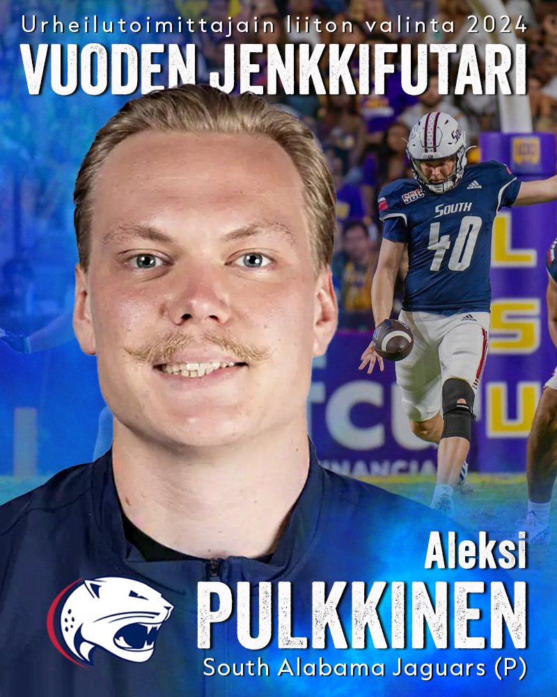 South Alabaman yliopistojoukkueessa  USA:ssa lentopotkaisijana pelaava Aleksi Pulkkinen on Urheilutoimittajain liiton valinta vuoden 2024 vuoden suomalaiseksi amerikkalaisen jalkapallon pelaajaksi 🏈
<a href="/finnishpunter/">Aleksi Pulkkinen</a> <a href="/Urheilutoimitus/">Urheilutoimittajat</a> 

LUE LISÄÄ: jenkkifutis.fi/aleksi-pulkkin…