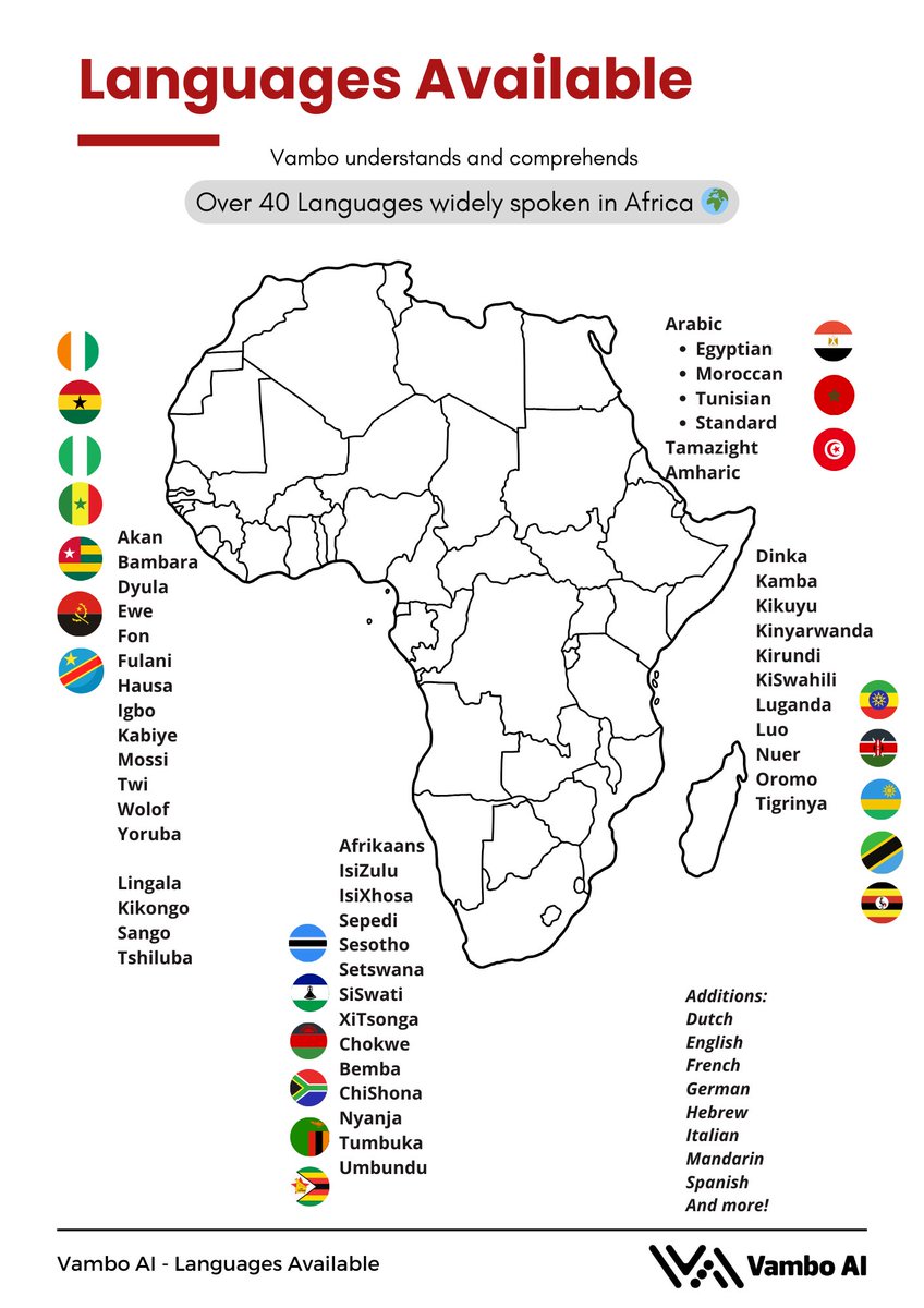 We’re on a mission to bridge linguistic gaps, foster inclusivity, and empower communities through cutting-edge language technology 🌟

Here’s what we currently offer:
 ✅ Translation
 ✅ Transcription
 ✅ Content Writing
 ✅ Search

🌍Vambo AI supports 44 African languages