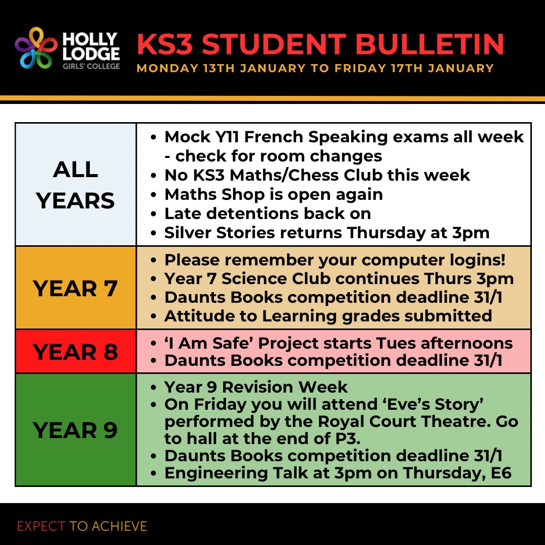 HollyLodgeLiver's tweet photo. Here we have the first Student Bulletin of 2025! Already lots going on for all year groups 📆
#HollyLodgeLife #ExpectToAchieve https://t.co/iNy3IsmZ8M