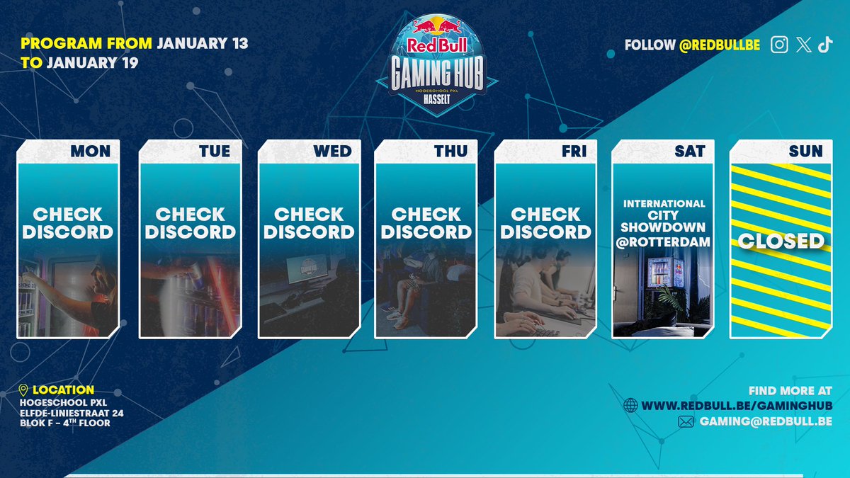 RedBullBe's tweet photo. Program of the week! ๐
Check out the Discord for more info on opening times: https://t.co/Nh8AE0s4jV
#redbullgaminghub #givesyouwiiings https://t.co/KelQW4wSE5