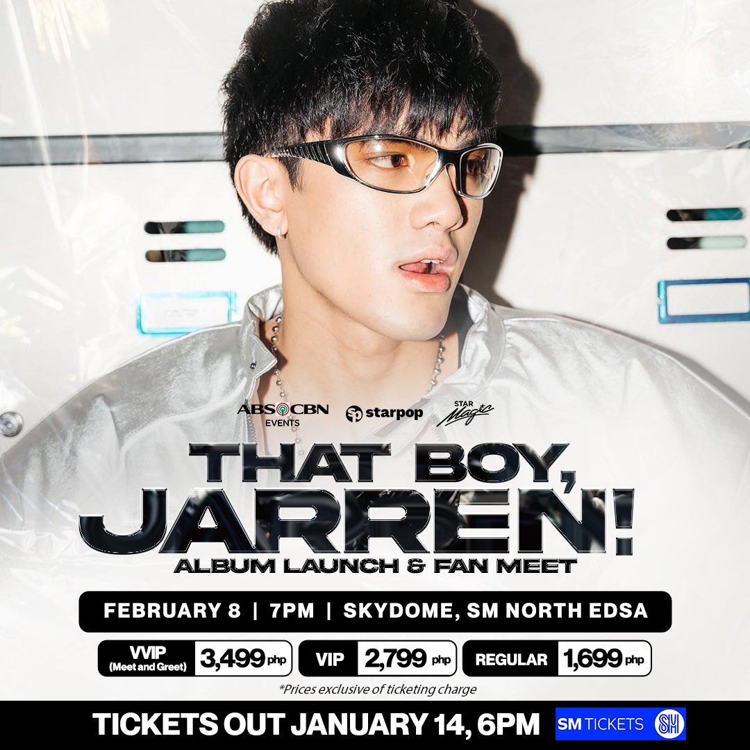 StarPopPH's tweet photo. Manifesting secured tickets for everyone! 🍀

Tickets for "That Boy, Jarren!" Album Launch &amp; Fanmeet  will be out TOMORROW, January 14 6PM! Get your tickets at https://t.co/2PIxE5yRir ✨

📅 February 8, 2025
📍SM North EDSA Skydome
🕒 7PM

#JARRENAlbumLaunch #ThatBoyJarrenFanmeet https://t.co/r5MUrztdAU