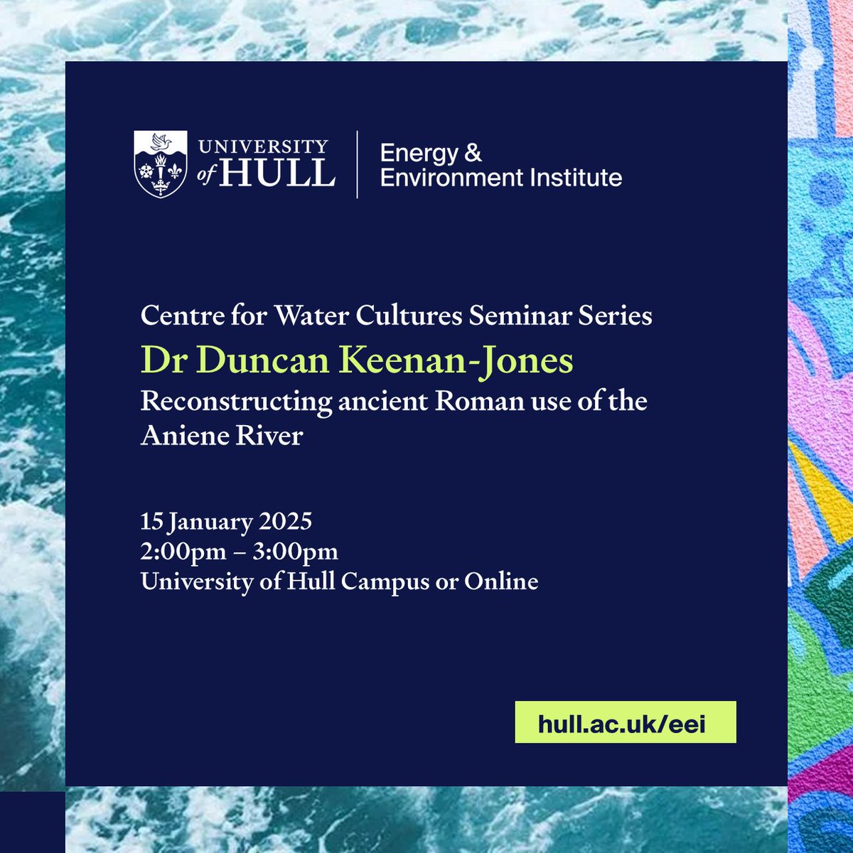 Energy and Environment Institute (@eeiathull) on Twitter photo Join us in person <a href="/UniOfHull/">University of Hull</a> or online, 15/1 for Dr Duncan Keenan-Jones’ talk “Reconstructing ancient Roman use of the Aniene River” as part of our Centre for Water Cultures Seminar Series
This seminar is free to join – please sign up here: hull.ac.uk/research/insti… Join us in person <a href="/UniOfHull/">University of Hull</a> or online, 15/1 for Dr Duncan Keenan-Jones’ talk “Reconstructing ancient Roman use of the Aniene River” as part of our Centre for Water Cultures Seminar Series
This seminar is free to join – please sign up here: hull.ac.uk/research/insti…