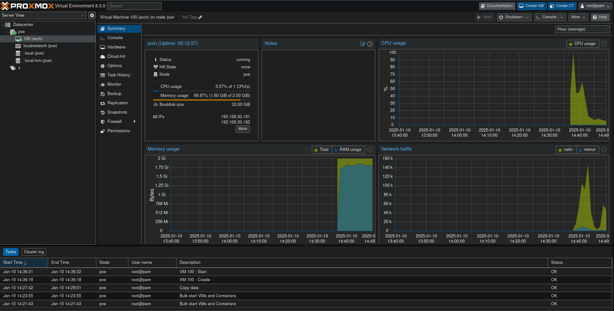 Ken_Mwaura1's tweet image. This weekend I looked into Proxmox VE 8.3.0 and set up an ArchCraft VM! 🚀 Learned how to monitor VM performance, manage resources, and tackle package conflicts with pacman. Proxmox is a breeze for virtualization, and ArchCraft looks stunning! 🌌 #Linux #Proxmox #ArchLinux