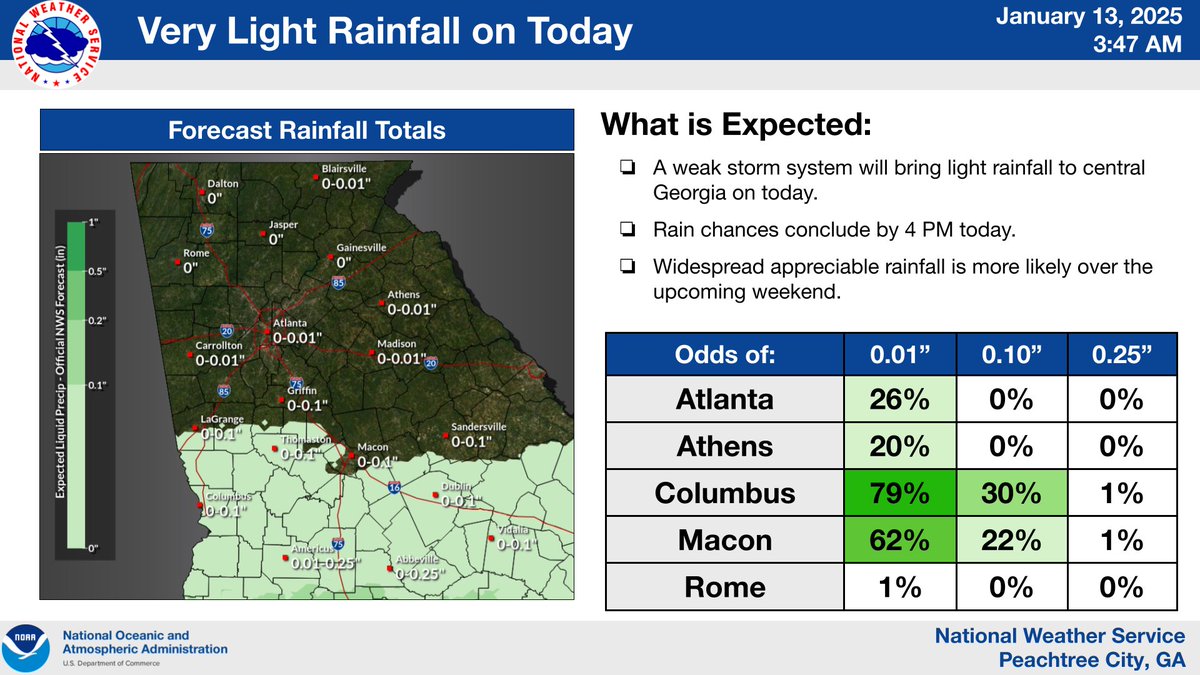 NWSAtlanta's tweet photo. Light rainfall remains in the forecast for central Georgia today. For the rest of the region we will need to wait until this weekend for a meaningful shot at a soaking rain. #gawx https://t.co/rjtVtd3Jos