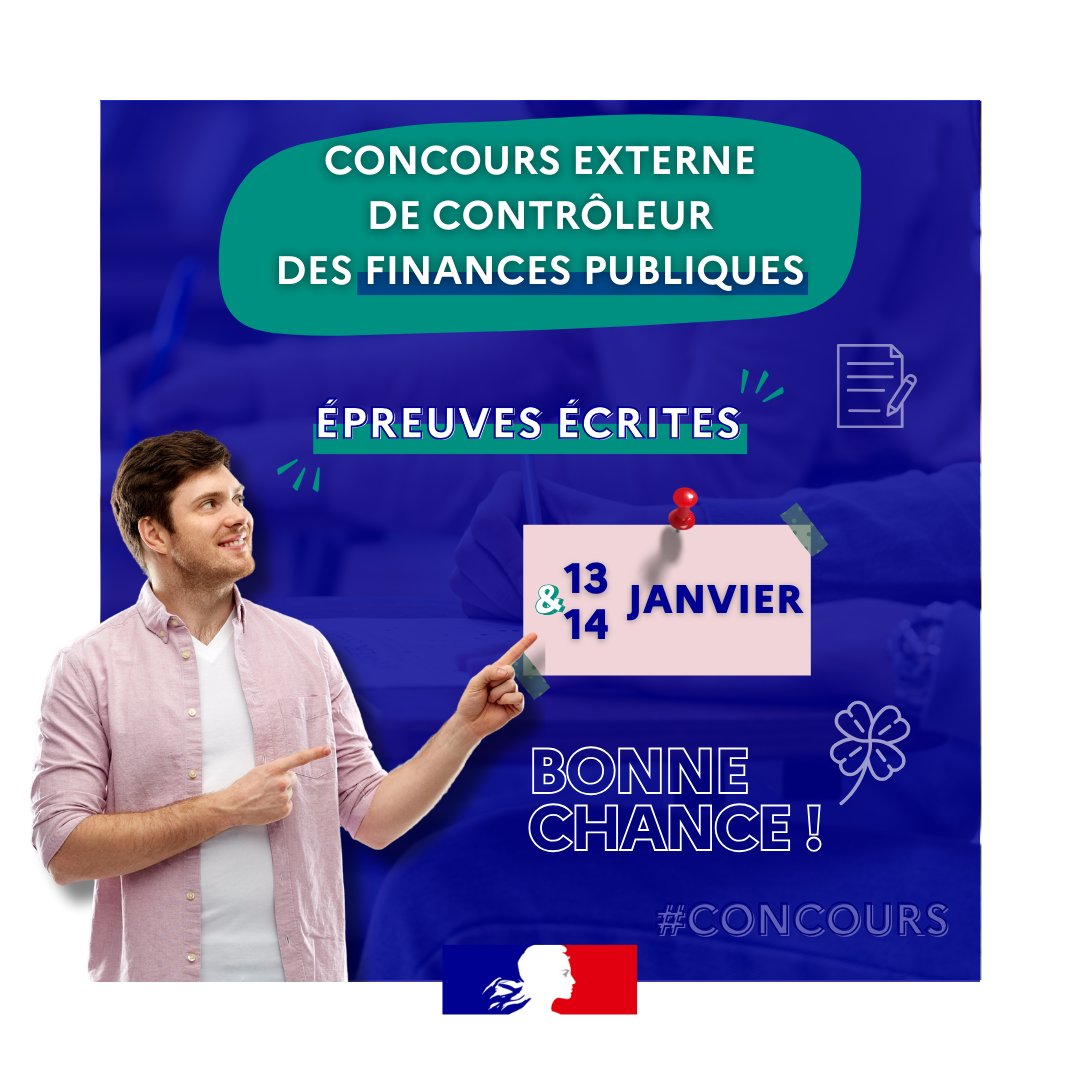 🍀 Bonne chance à tous les candidat(e)s qui passent aujourd'hui et demain les épreuves écrites du concours externe de contrôleur de la  <a href="/dgfip_officiel/">Direction générale des Finances publiques</a> !

🗓️ Pour les résultats, RDV le 7 février 2025 ! 🤞🏼

➕ d'infos sur le concours 👉 …lesfinancespubliques.economie.gouv.fr/rejoindre-les-…

#RLFP